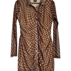 Justify Brown Checkered Long Sleeve Dress with Rouching Jrs Large